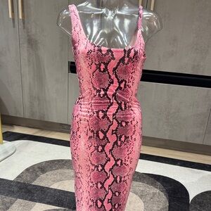 Black Bead Pink Snake Print Midi Dress